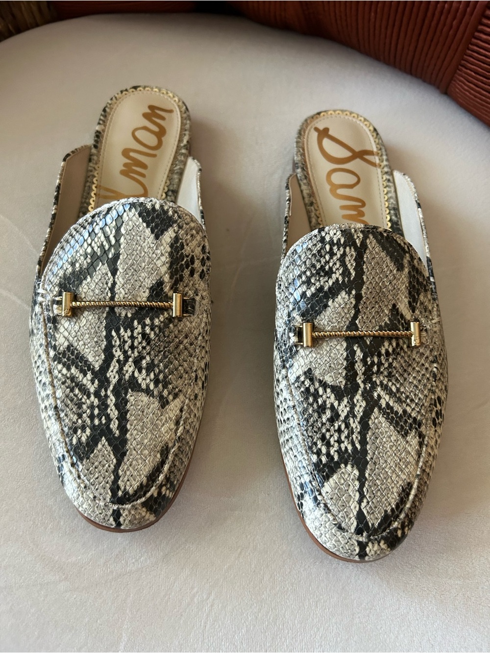 Sam Edelman Snake-Print Backless Mules in Black & Cream with Gold Accent